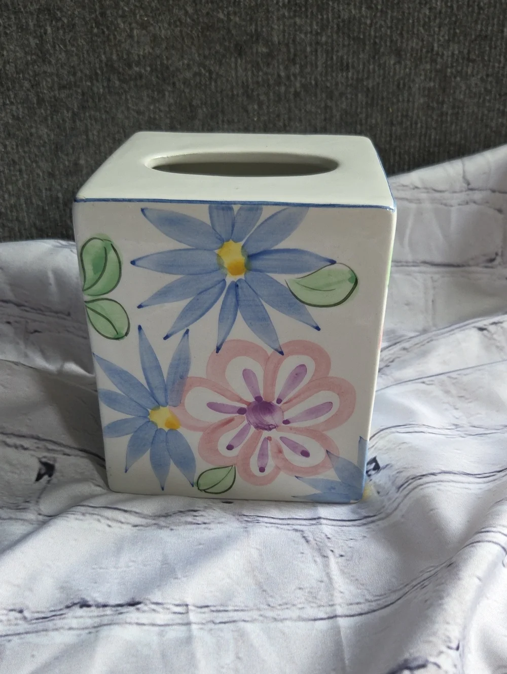 Vintage Floral Ceramic Tissue Box Cover - Blue & Pink Flowers. Made In Portugal